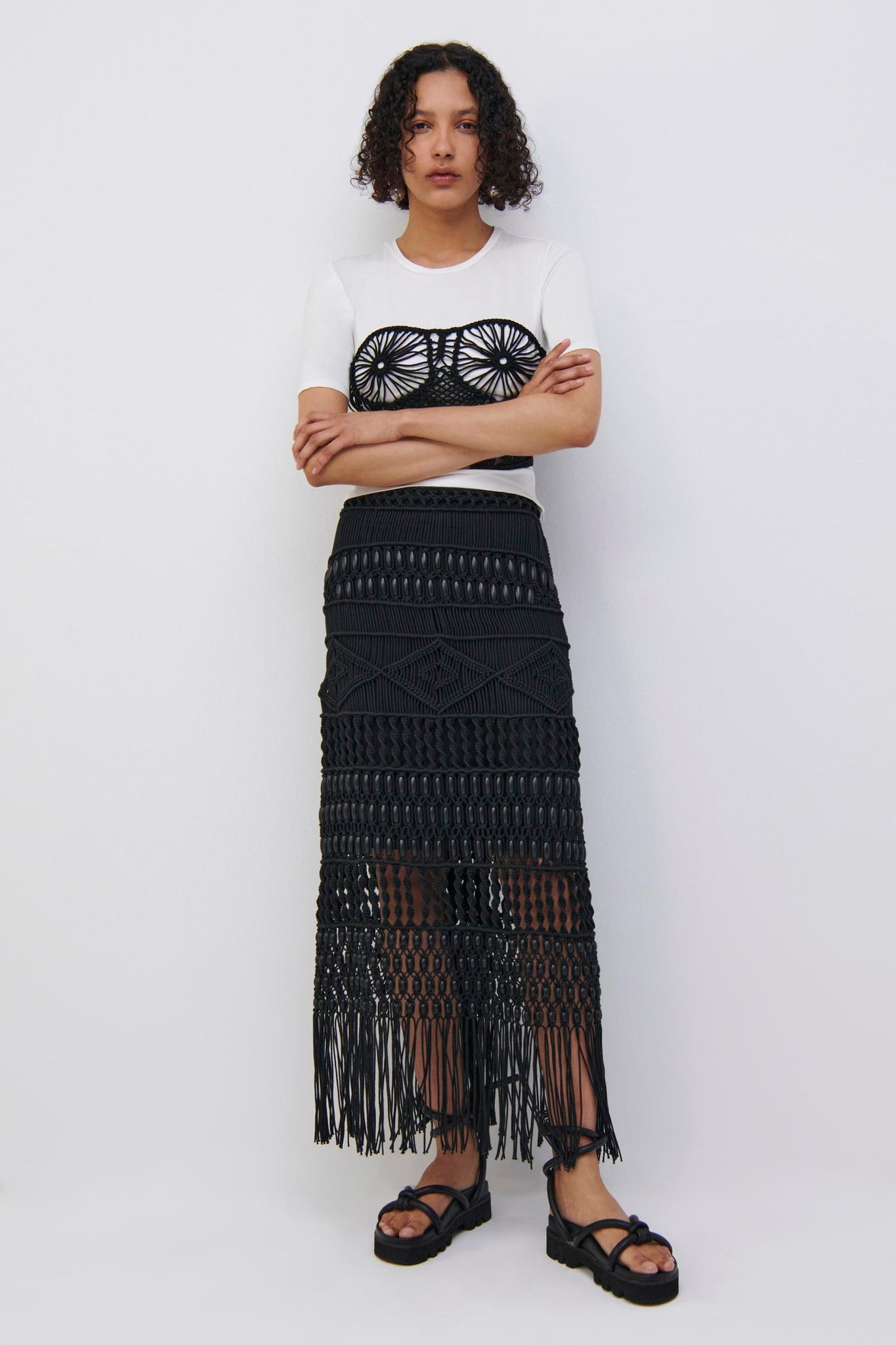 Abbey Macrame Fringe Midi Skirt